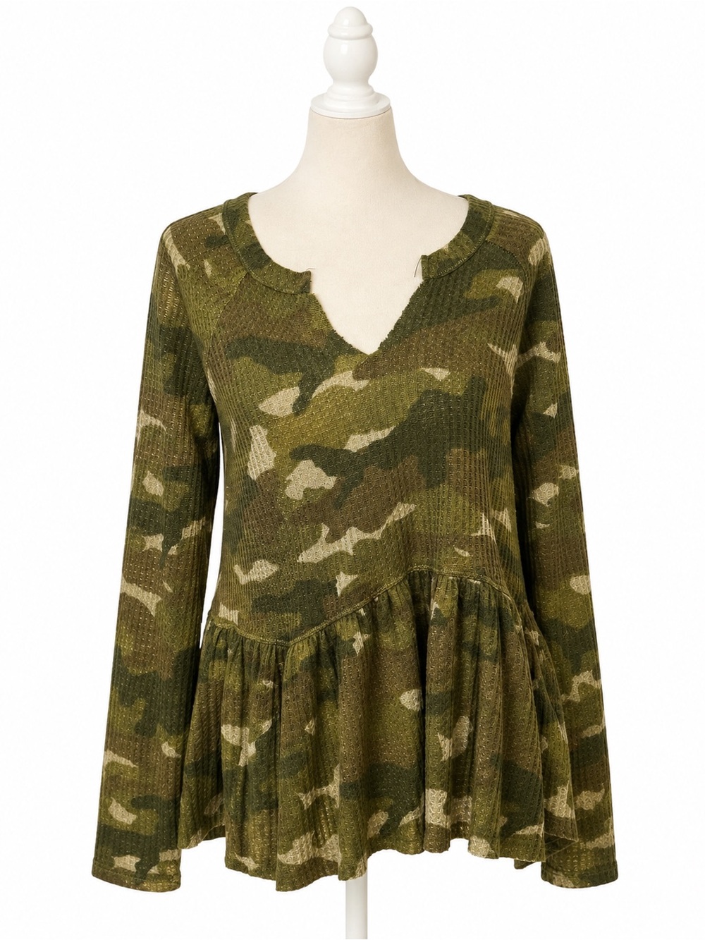 William Rast Camo Waffle Knit Peplum Top Women’s S Green Long Sleeve Babydoll